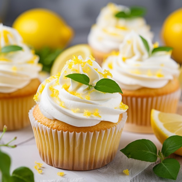 Photo lemon cupcakes with lemon cream and mint on a wooden background