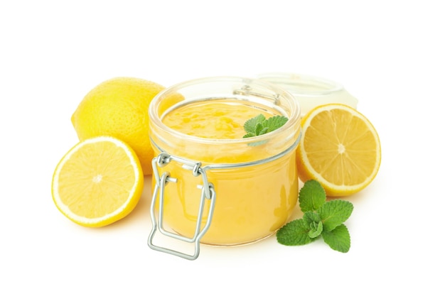 Lemon curd and ingredients isolated on white background