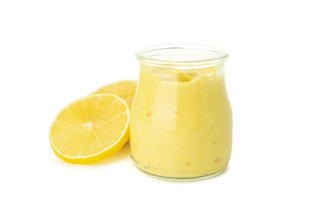 Lemon curd and ingredients isolated on white background