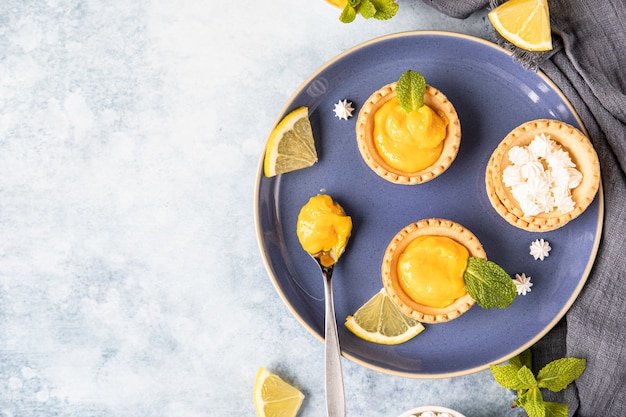 사진 블루 세라믹 접시에 민트와 레몬 조각으로 장식된 레몬 커드 미니 타르트