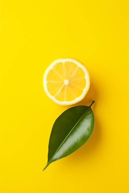 A lemon cut in half and a leaf on a yellow background