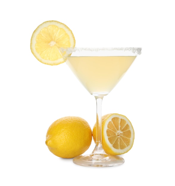 Lemon drop martini cocktail and fresh fruits on white background