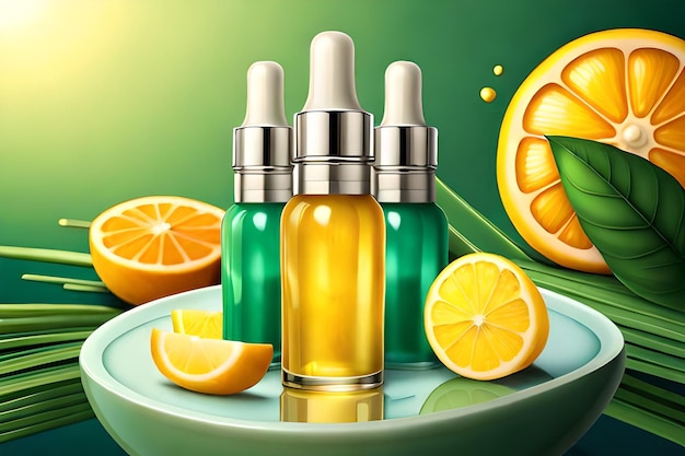 Lemon essence ads cream mask bottle template with ingredients and sparkling elements around it