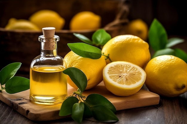 lemon essential oil alongside lemon and lemon leaves on a table