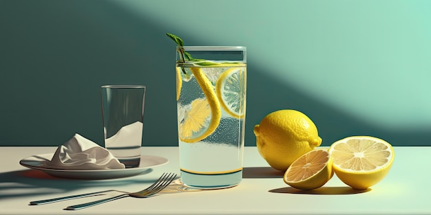 Lemon flavored soda water on a bright table Room for text