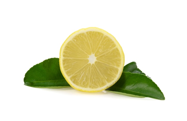 Lemon fruit slice with leaf isolated on white 