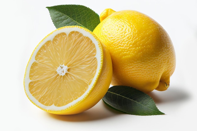 Lemon fruit with leafs isolated photo. Lemons whole, half, slice, leaves on white background