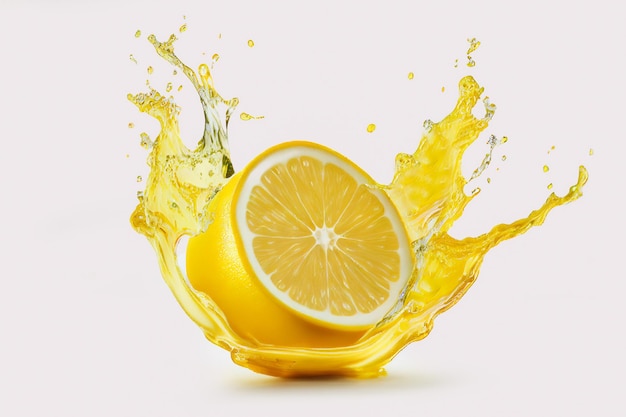 레몬 주스를 튀기는 레몬 과일 레몬 전체, 절반, 흰색 배경에 슬라이스