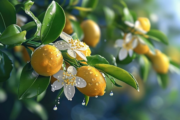 Lemon fruits and flowers in natural setting