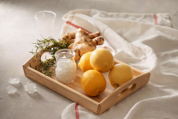 Lemon, ginger, rosemary and rock sugar in cooking and cosmetics