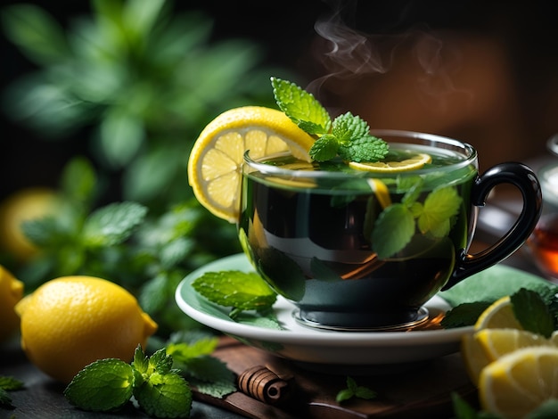 Foto tè verde al limone con limone e menta