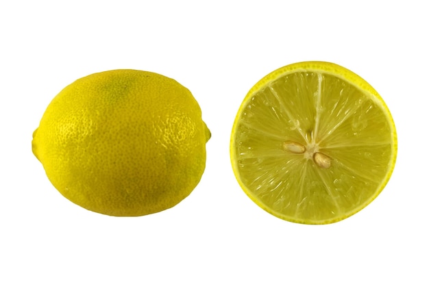 A lemon and a half of lemon are sitting on a white background