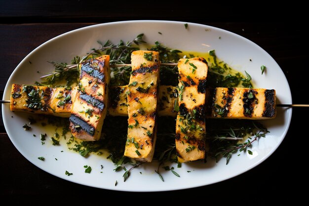 Lemon and herb marinated tofu skewers on a platter