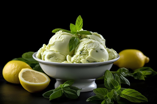 Lemon ice cream balls with basil in a bowl