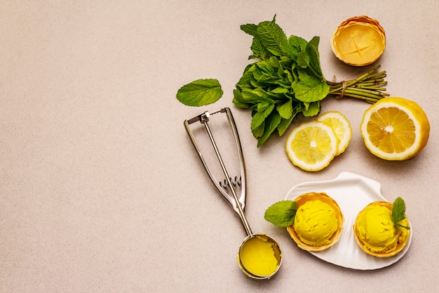 Lemon ice cream with mint on a plate