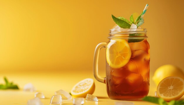 Lemon ice tea with ice cubes and mint leaves on yellow background