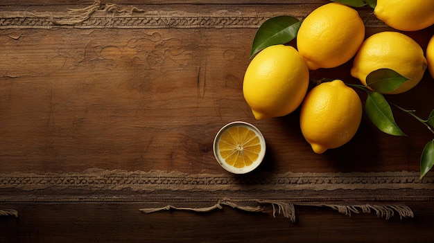 The lemon an important cooking ingredient is positioned on a vintage wooden table from a bird s eye