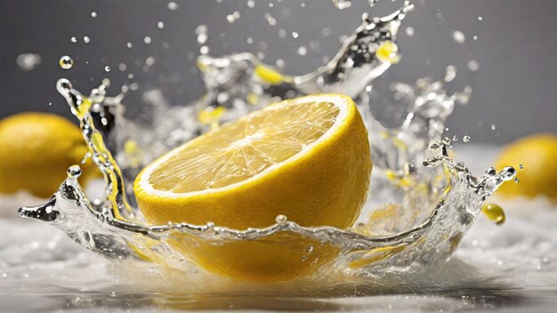 写真 灰色の背景に水にスプラッシュされたレモン 柑橘類の果物