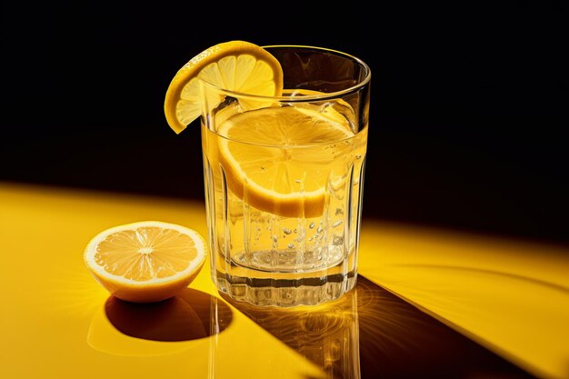 Lemon Infused Refreshment A Clear Drinking Glass with Yellow Liquid and Sliced Lemon