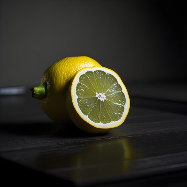 A lemon is laying on a table with a dark background.