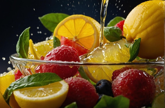 Lemon juice being drizzled over a fruit salad