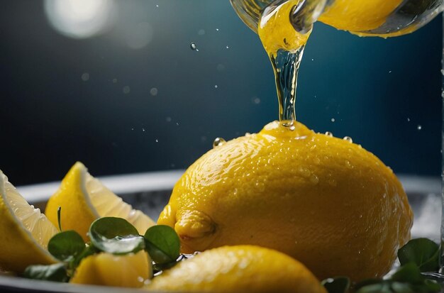 Photo lemon juice being poured onto a seafood dish