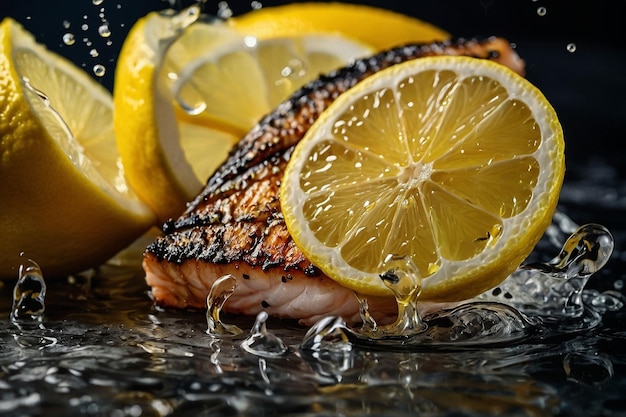 Photo lemon juice being squeezed onto grilled fis