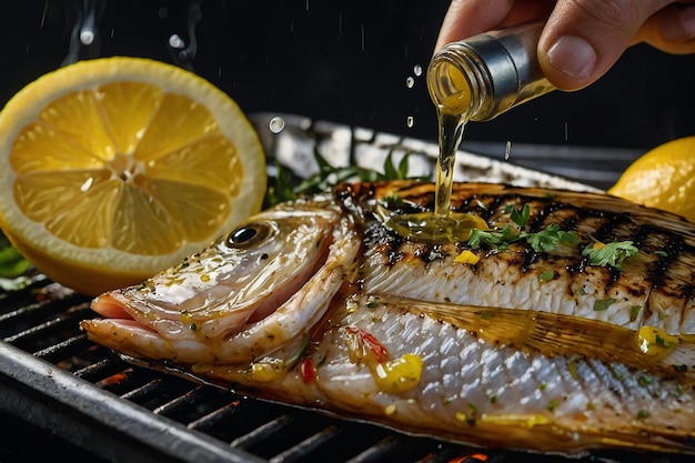 Lemon juice being squeezed onto grilled fis