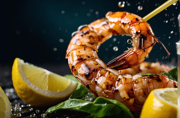 Lemon juice being squeezed onto grilled shrimp