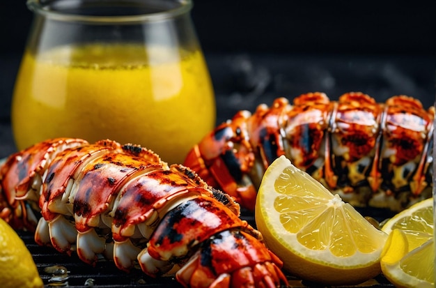 Photo lemon juice squeezed over grilled lobster tails