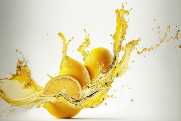Lemon juice still flowing over a white backdrop route clipping