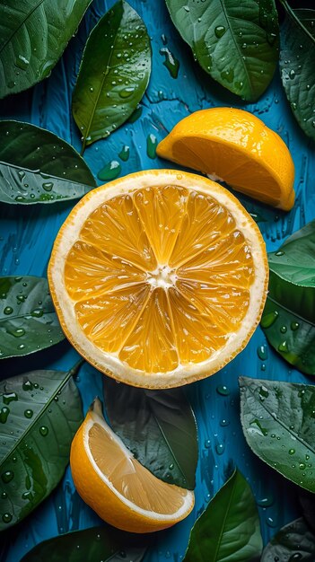 Photo a lemon and leaves on a blue background