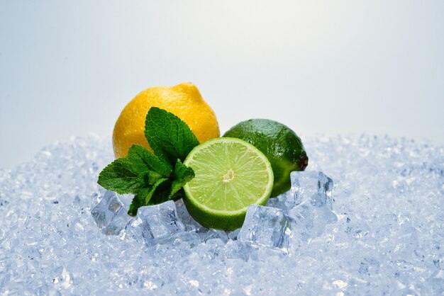 Lemon, lime and mint on ice.