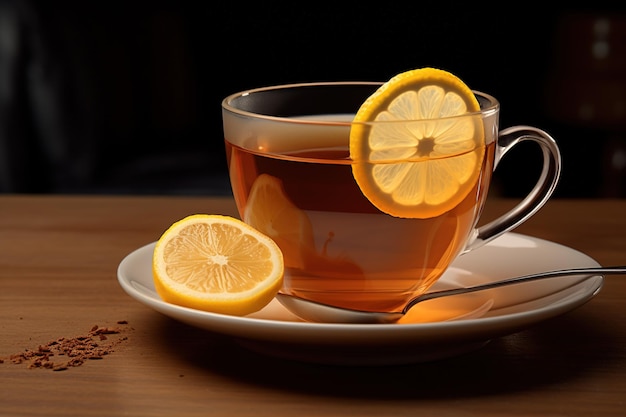 lemon meets tea in a cup beside a lemon slice