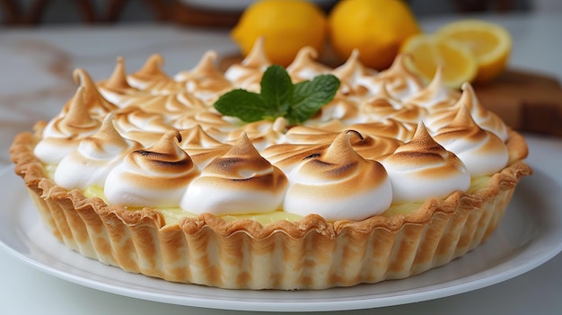 A lemon meringue pie on a plate a delicious baked goods option