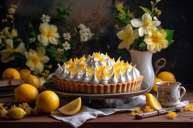 Foto torta di meringue al limone con una crosta marrone dorato