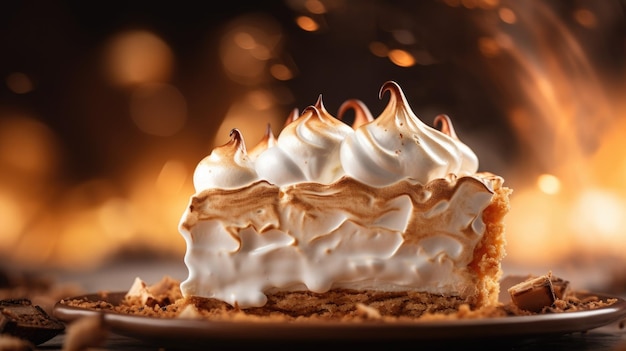 Lemon meringue pie with a golden toasted top on a plate with syrup drizzle