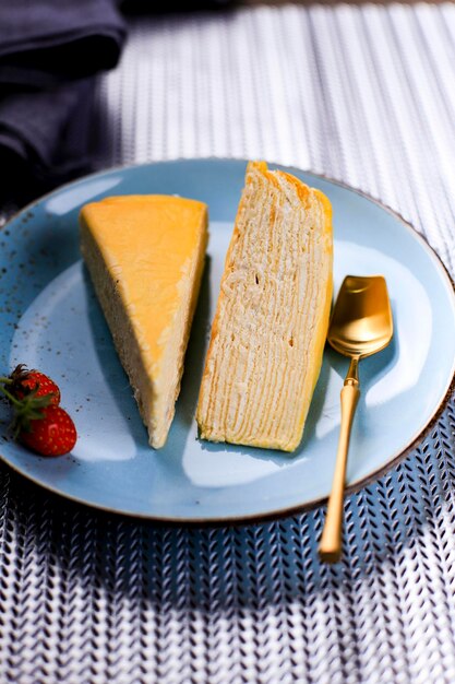 Lemon Mille Crepes (Thousand Layer Cake) on Blue Plate