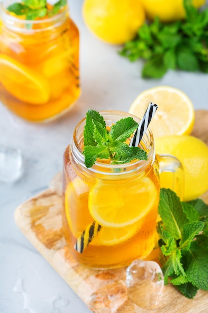 Lemon mint iced tea cocktail refreshing drink for summer days