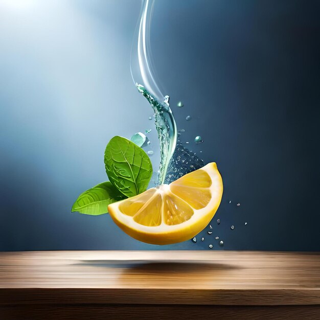 A lemon and mint leaf are being sprayed with water.