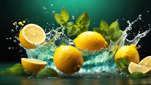 Lemon and mint splashing isolated on green