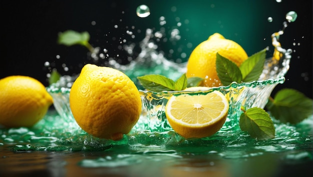 Lemon and mint splashing isolated on green