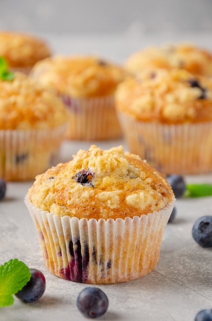 Lemon muffins with blueberries and shtreisel with fresh berries with blurred background