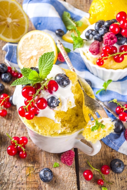 Lemon Mug Cake. Summer sweet dessert in  Microwave. Lemon Mug Pies with fresh berries and whipped cream, on wooden background