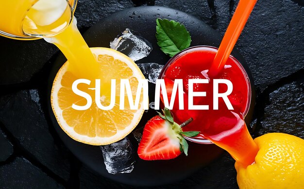 Photo lemon orange and strawberry juice on black stone background summer and healthy drinks concept