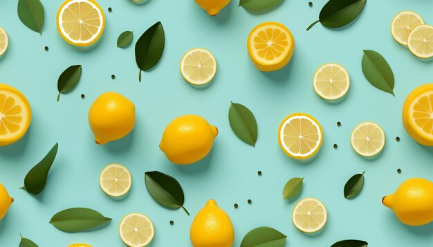 Lemon pattern light blue background Watercolor seamless pattern with fresh ripe lemon with bright