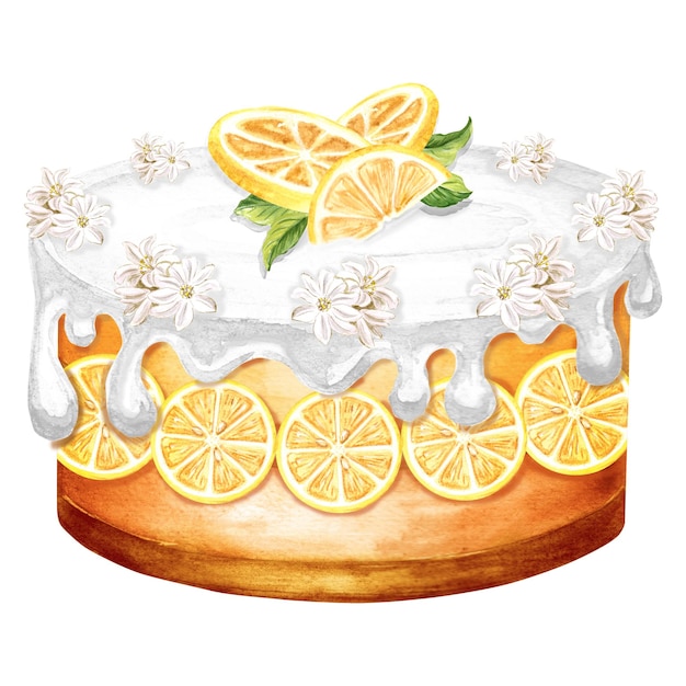 Photo lemon pie dessert cake with flowers glaze and cream hand drawn watercolor illustration for