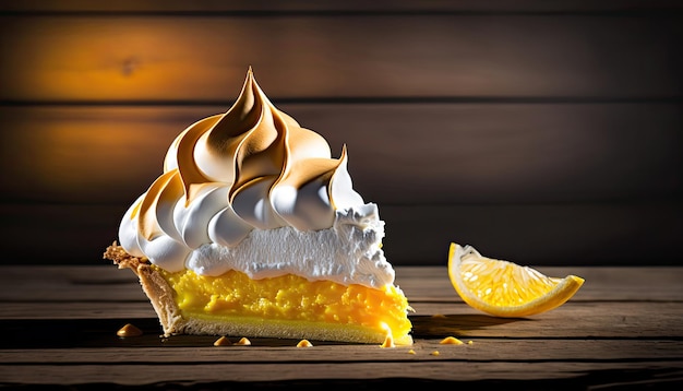 A lemon pie with a lemon slice on the top.