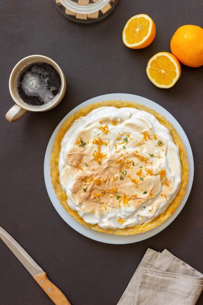 Lemon pie with meringue. Tart. Bakery products. Dessert.