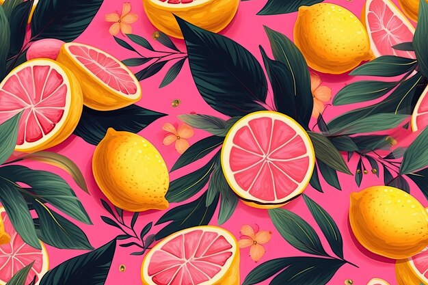 Lemon seamless pattern Generative AI illustration bright print for fabric or wallpaper